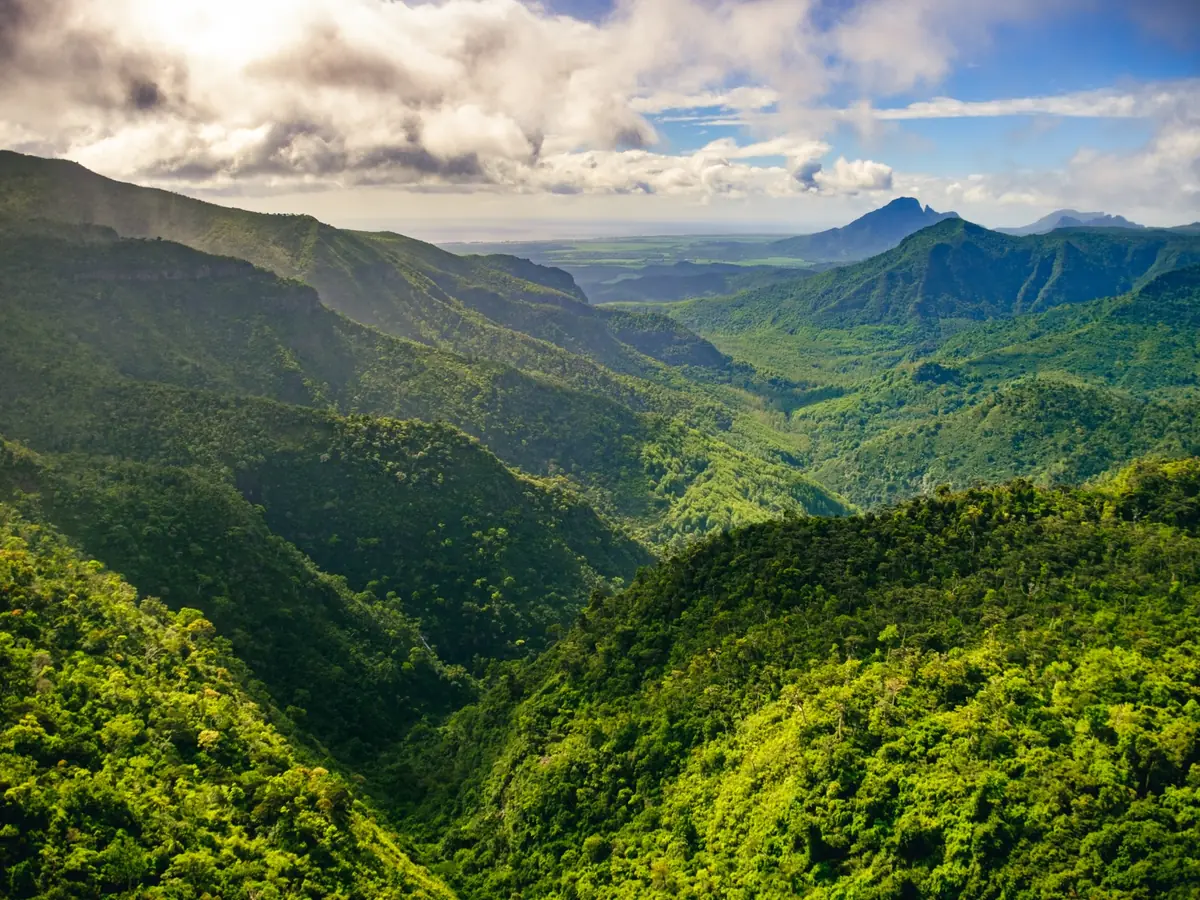 Lush green mountains and valleys in Mauritius