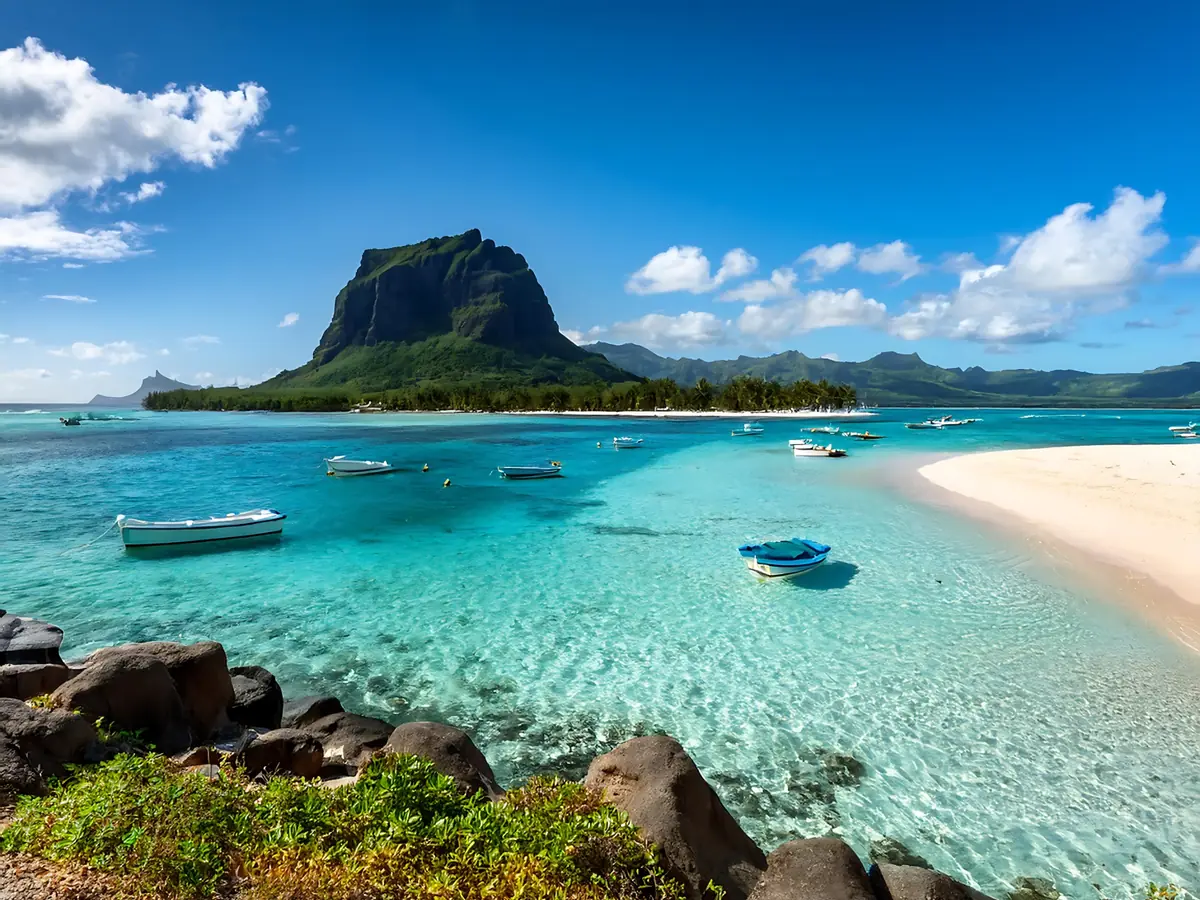 Le Morne Brabant above a clear turquoise lagoon in Mauritius