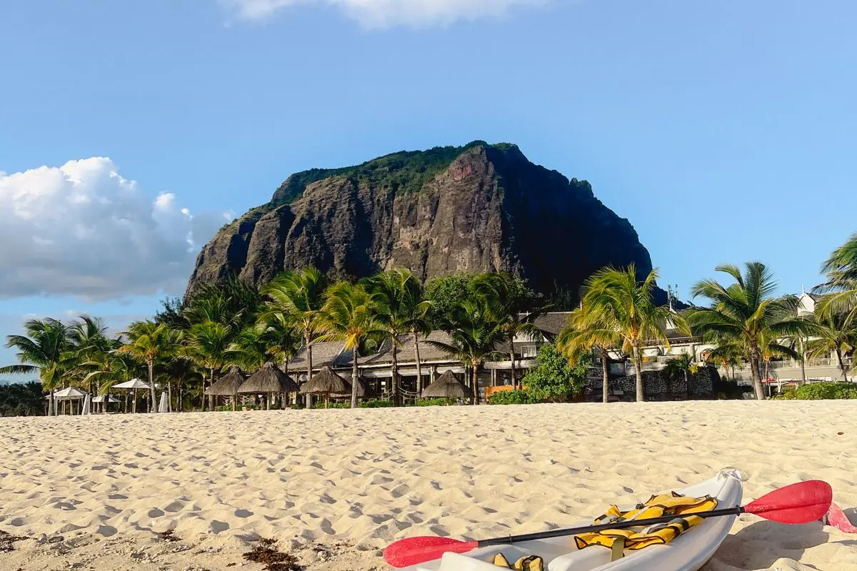 Le Morne Brabant above a palm-fringed beach in Mauritius