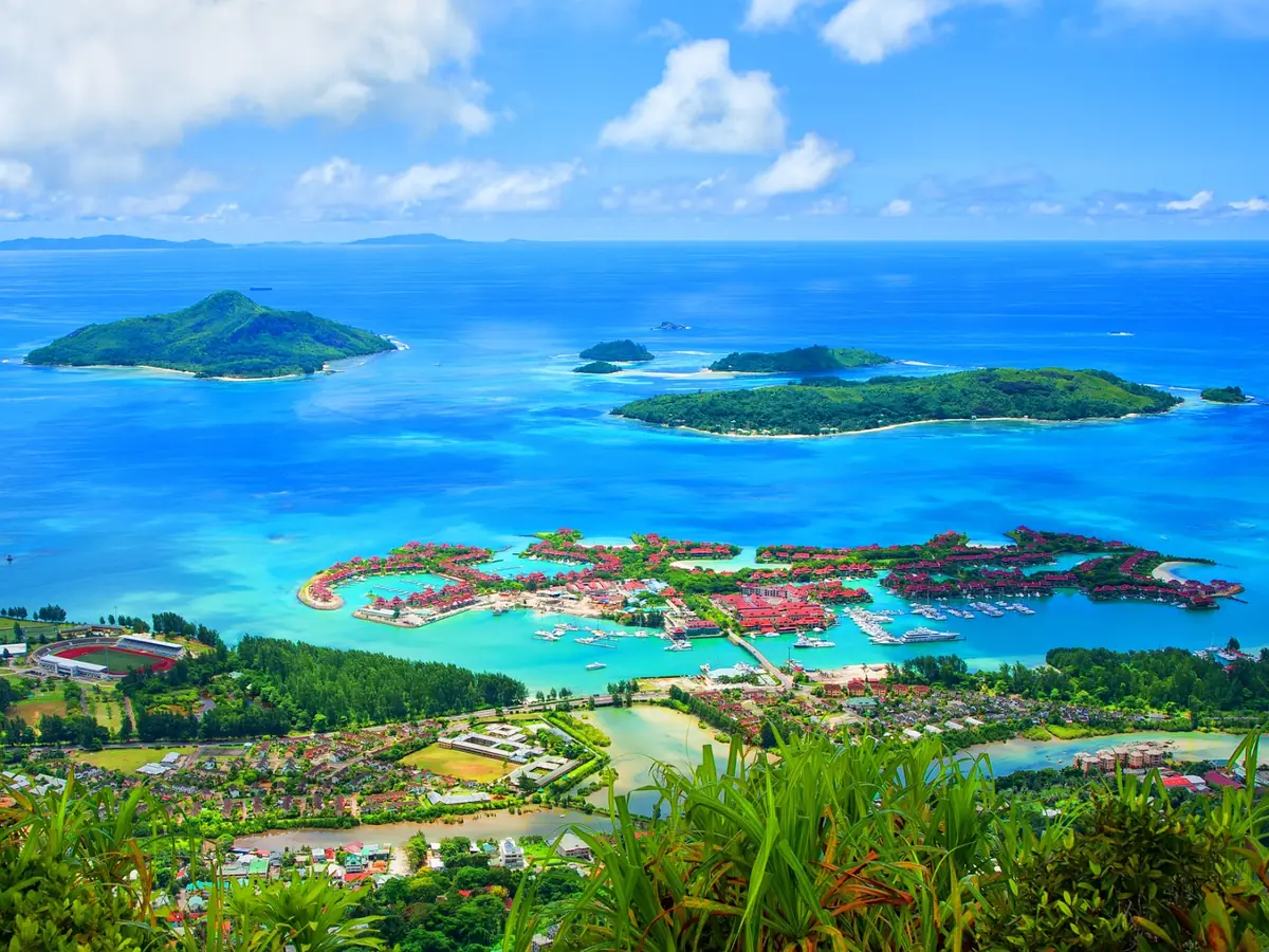 Aerial view across Mahé and surrounding islands in the Seychelles