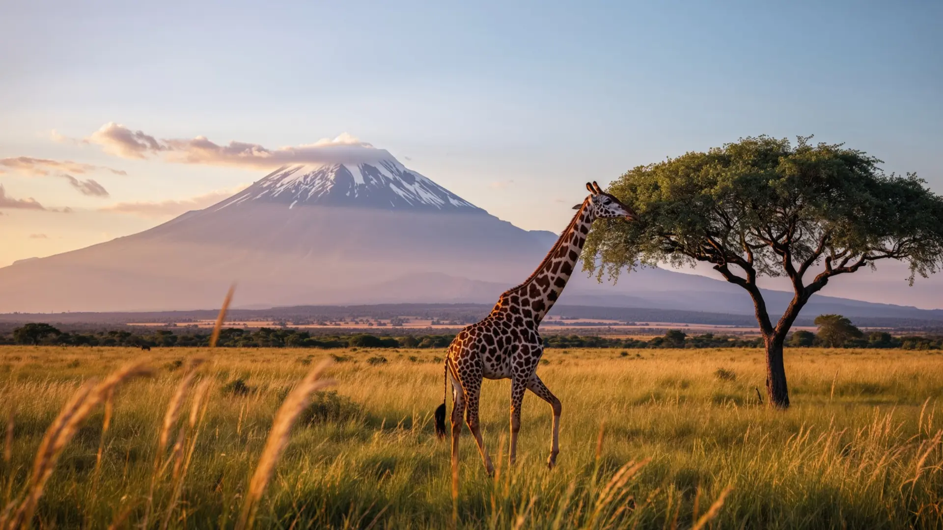 Giraffe beneath Mount Kilimanjaro in Tanzania