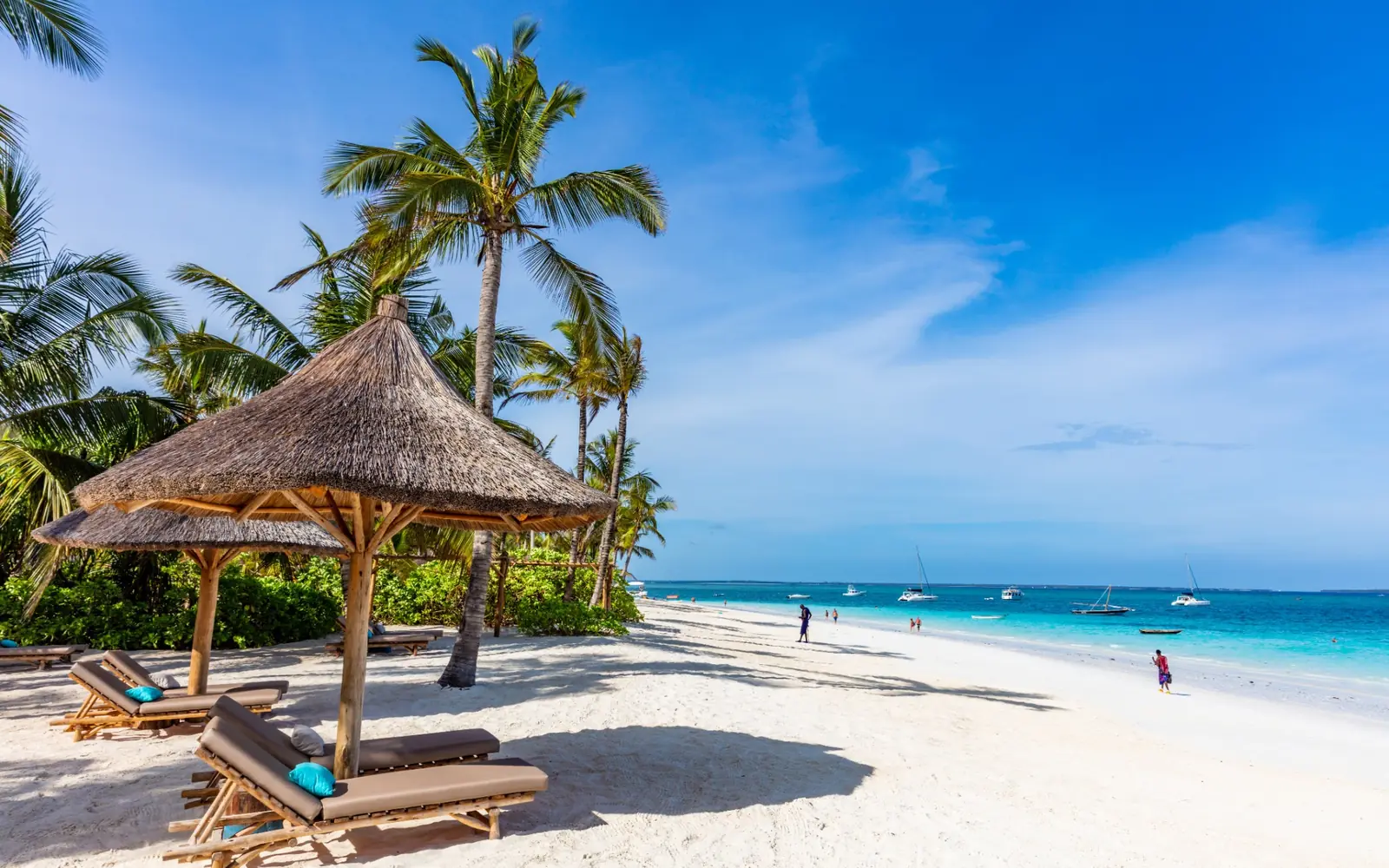 Palm-fringed white-sand beach with shaded loungers in Zanzibar